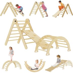 5 in 1 Extra Large Pikler Triangle Set, Indoor Climbing Toys for Toddler, Foldable Wooden Montessori Climbing Set with Arch, Ramp & Climbing Triangle, Baby Indoor Playground for Kids - Rainbow