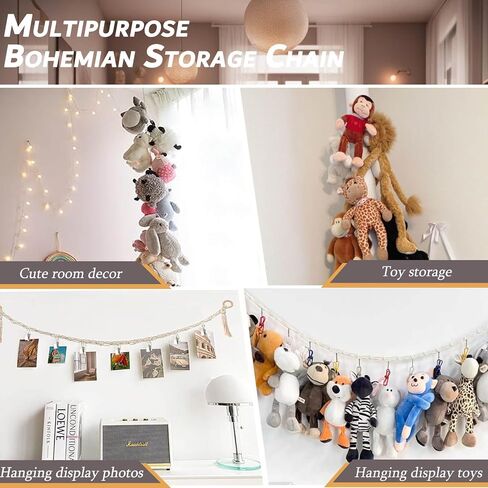 2Pcs Stuffed Animal Storage Chain, Hanging Stuff Animal Organizer, Stuffed Animal Storage Holder with 20 Metal Clips, Stuffed Animal Storage Chain for Boho Bedroom Decor, Room Decor, Room Organization in Saudi Arabia