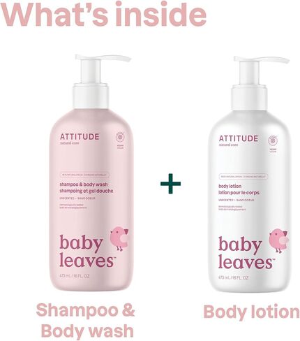 ATTITUDE Baby 2-in-1 Shampoo & Body Wash and Baby Lotion Set, EWG Verified, Dermatologically Tested Soap and Moisturizing Cream, Vegan, Unscented, 16 Fl Oz each in Saudi Arabia