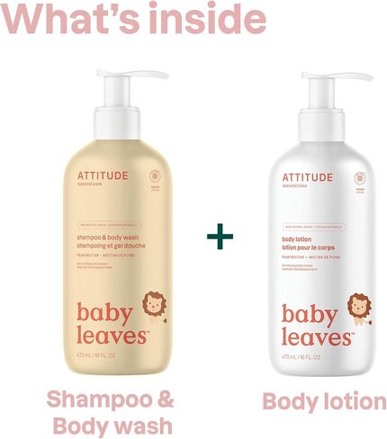ATTITUDE Baby 2-in-1 Shampoo & Body Wash and Baby Lotion Set, EWG Verified, Dermatologically Tested Soap and Moisturizing Cream, Vegan, Unscented, 16 Fl Oz each in Saudi Arabia