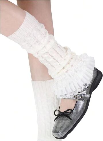 Women's 1 Pair Y2K Bow Front Lace Trim Leg Warmers Ribbed Knit Over Knee Pile Leg Warmers Long Socks in Kuwait