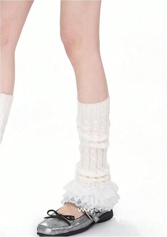Women's 1 Pair Y2K Bow Front Lace Trim Leg Warmers Ribbed Knit Over Knee Pile Leg Warmers Long Socks in Kuwait