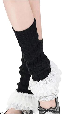 Women's 1 Pair Y2K Bow Front Lace Trim Leg Warmers Ribbed Knit Over Knee Pile Leg Warmers Long Socks in Kuwait