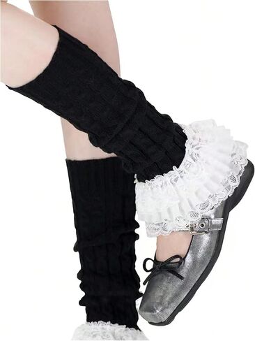 Women's 1 Pair Y2K Bow Front Lace Trim Leg Warmers Ribbed Knit Over Knee Pile Leg Warmers Long Socks in Kuwait