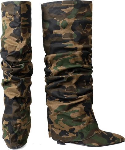 Oiamenne Women's Fold Over Boots Slouch Knee High Boots for Women Wedge Heel Pointed Toe Tall Boot, Wide Calf, Pull-on in Kuwait