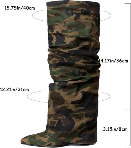Oiamenne Women's Fold Over Boots Slouch Knee High Boots for Women Wedge Heel Pointed Toe Tall Boot, Wide Calf, Pull-on in Kuwait