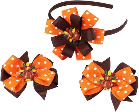 Thanksgiving Hair Accessories Headband Thanksgiving Day Turkey Hair Bow Clips Headwear for Baby Girls Autumn Party TSFJ18 (Orange Dot Set) in Saudi Arabia