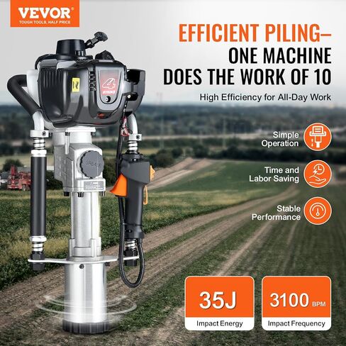 VEVOR 52cc Gas-Powered T Post Driver, 2-Stroke Engine Gasoline Fence Piling Pounder, 1300W Portable Piledriver with 3 Post Driving Head(49/69/100 mm), For Farm, Ranch Fencing, Road Improvements in Saudi Arabia