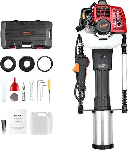 VEVOR 52cc Gas-Powered T Post Driver, 2-Stroke Engine Gasoline Fence Piling Pounder, 1300W Portable Piledriver with 3 Post Driving Head(49/69/100 mm), For Farm, Ranch Fencing, Road Improvements in Saudi Arabia