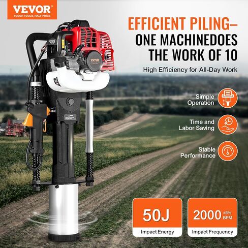 VEVOR 52cc Gas-Powered T Post Driver, 2-Stroke Engine Gasoline Fence Piling Pounder, 1300W Portable Piledriver with 3 Post Driving Head(49/69/100 mm), For Farm, Ranch Fencing, Road Improvements in Saudi Arabia