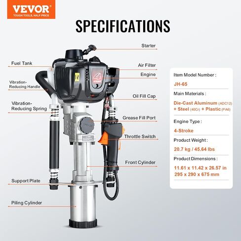 VEVOR 52cc Gas-Powered T Post Driver, 2-Stroke Engine Gasoline Fence Piling Pounder, 1300W Portable Piledriver with 3 Post Driving Head(49/69/100 mm), For Farm, Ranch Fencing, Road Improvements in Saudi Arabia