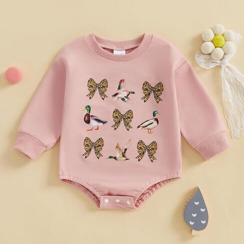 Newborn Baby Boy Girl Hunting Clothes Mallard Duck Bow Sweatshirt Romper Long Sleeve Bubble Romper Bodysuit Outfit in Saudi Arabia