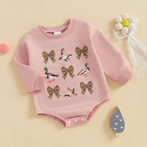 Newborn Baby Boy Girl Hunting Clothes Mallard Duck Bow Sweatshirt Romper Long Sleeve Bubble Romper Bodysuit Outfit in Saudi Arabia