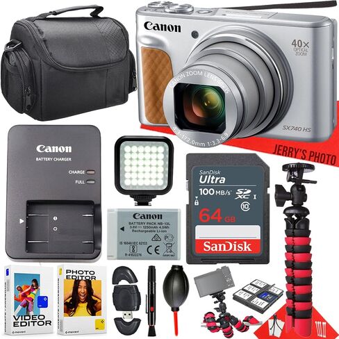 كاميرا Canon PowerShot SX740 HS الرقمية (فضية) + ذاكرة سعة 64 جيجابايت + ضوء LED + حامل ثلاثي عنكبوت + برامج كمبيوتر + مجموعة تنظيف + المزيد (حزمة مكونة من 14 قطعة) (متجددة) in Saudi Arabia