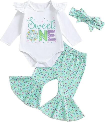 1st/2nd Birthday Outfit Girl Sweet One Two Sweet Long Sleeve Sweatshirt Romper/Shirt Tops Flared Pants Set 3Pcs in Saudi Arabia