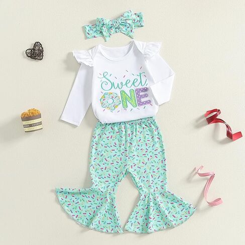 1st/2nd Birthday Outfit Girl Sweet One Two Sweet Long Sleeve Sweatshirt Romper/Shirt Tops Flared Pants Set 3Pcs in Saudi Arabia