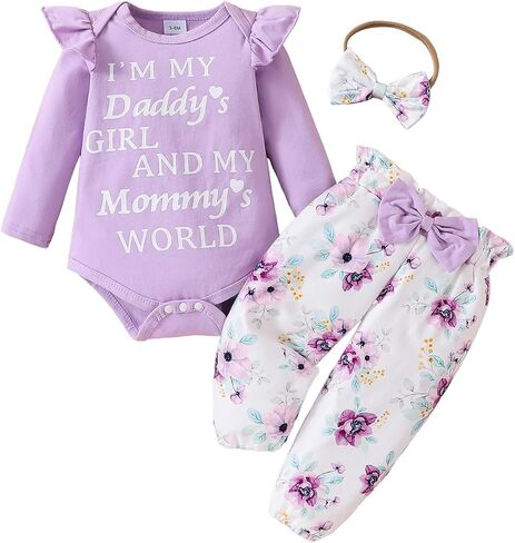 Baby Girl Clothes,Newborn Girl Outfit Long Sleeve Ruffle Romper Floral Long Pants Headband 3 PCS Fall Winter Clothing in Saudi Arabia