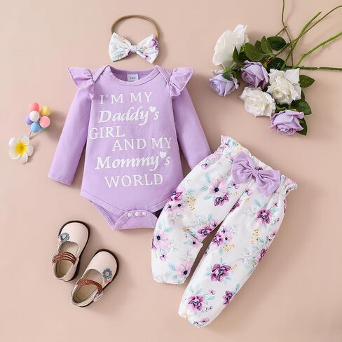 Baby Girl Clothes,Newborn Girl Outfit Long Sleeve Ruffle Romper Floral Long Pants Headband 3 PCS Fall Winter Clothing in Saudi Arabia