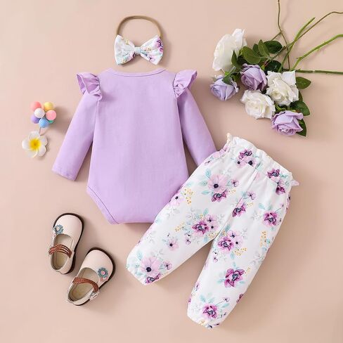 Baby Girl Clothes,Newborn Girl Outfit Long Sleeve Ruffle Romper Floral Long Pants Headband 3 PCS Fall Winter Clothing in Saudi Arabia
