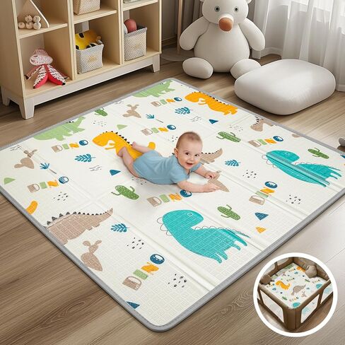 Foldable Baby Play Mat - PIGLOG 50X50 Waterproof Playpen Mat for Babies and Toddlers Kids, Safe Foam Playmat for Tummy Time, Reversible Playmats, Portable Baby Floor Mat for Infant,Dinosaur in Saudi Arabia