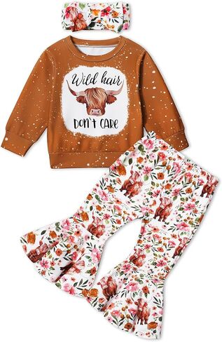 ملابس الفتيات الصغيرات، ملابس الفتيات بأكمام طويلة ورقبة مستديرة وطبعة بقرة المرتفعات، مجموعات ملابس الفتيات in Kuwait