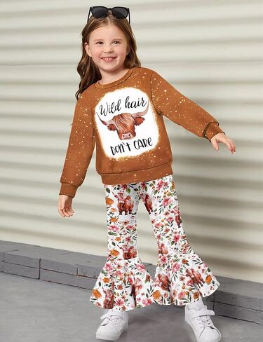 ملابس الفتيات الصغيرات، ملابس الفتيات بأكمام طويلة ورقبة مستديرة وطبعة بقرة المرتفعات، مجموعات ملابس الفتيات in Kuwait