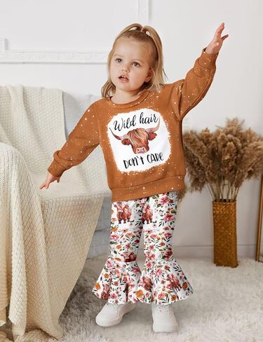 ملابس الفتيات الصغيرات، ملابس الفتيات بأكمام طويلة ورقبة مستديرة وطبعة بقرة المرتفعات، مجموعات ملابس الفتيات in Kuwait