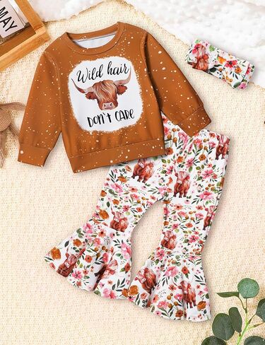 ملابس الفتيات الصغيرات، ملابس الفتيات بأكمام طويلة ورقبة مستديرة وطبعة بقرة المرتفعات، مجموعات ملابس الفتيات in Kuwait