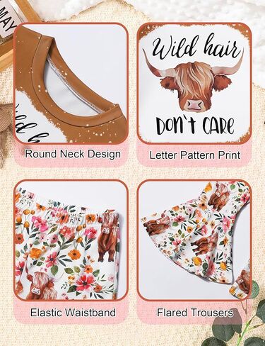 ملابس الفتيات الصغيرات، ملابس الفتيات بأكمام طويلة ورقبة مستديرة وطبعة بقرة المرتفعات، مجموعات ملابس الفتيات in Kuwait