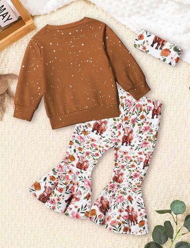 ملابس الفتيات الصغيرات، ملابس الفتيات بأكمام طويلة ورقبة مستديرة وطبعة بقرة المرتفعات، مجموعات ملابس الفتيات in Kuwait