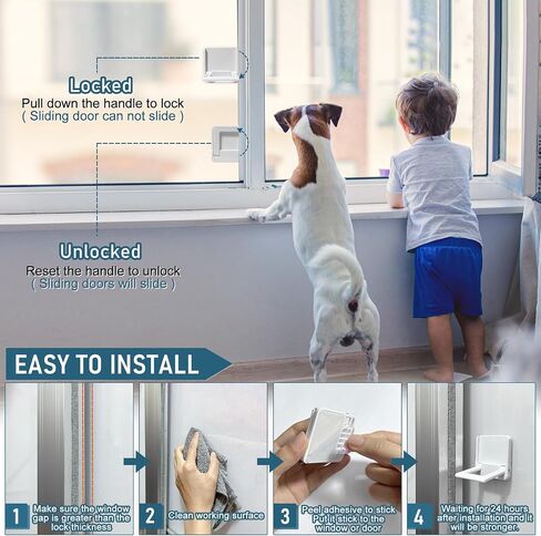 Sliding Door Lock for Child Safety: Child Lock for Sliding Glass Door, Window, Sliding Cabinets, Sliding Closet, etc, 3M Adhesive No Drill No Screw, More Security for Baby and Pets (2 pack) in Saudi Arabia