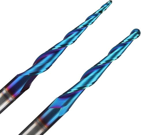 2 قطعة لقم توجيه CNC لولبية 1/4 بوصة عرقوب 3 بوصة على طول أنف كروي بزاوية مدببة مع طلاء NACO-Blue لنقش نحت الخشب ثنائي الأبعاد وثلاثي الأبعاد in Kuwait