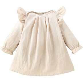 Yanmucy Toddler Cotton Dress Baby Girls Long Sleeve Ruffle Outfit Solid Color Spring Fall Winter Clothes for 6-24 Months