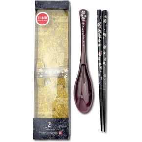 Premium Japanese Chopsticks with Spoon Reusable [ Made in Japan ] Traditional Lacquer Art Wooden Chopsticks (Gold Flower BK(YM2001))