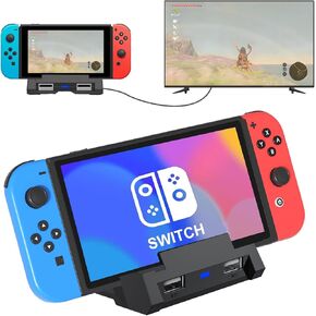 قاعدة شحن التلفزيون لمنصة شحن Nintendo Switch OLED مع أربع فتحات للبطاقات، قاعدة شحن محمولة مع محول HDMI 4K، ومنفذ من النوع C وثلاثة منافذ USB لحامل التبديل