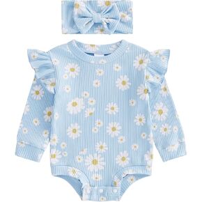 Infant Baby Girl Fall Outfits Daisy Ruffle Long Sleeve Ribbed Romper Jumpsuit 2 Pcs Newborn Girl Winter Clothes