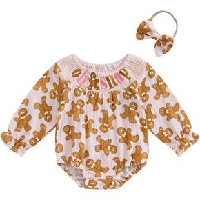 Smocked Baby Girl Clothes Christmas Romper Gingerbread Man Long Sleeve Smocked Jumpsuits Bow Headband Outfits