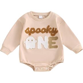 Lesimsam Baby Boy Girl Halloween 1st Birthday Outfit Spooky One Embroidery Sweatshirt Bubble Romper Oversized Sweater Romper