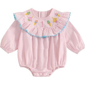 Baby Girl First Birthday Outfits Ice Cream Embroidery Ruffle Smocked Romper Long Sleeve Fall Plaid Linen Bodysuit