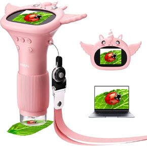 HP40 Microscope for Kids 1000X [Easy and Fun] 2" IPS Portable Handheld Kids Microscope Miniscope, Pocket Mini Scope Educational Science Kit, Christmas Birthday Gifts for Kids, PC View, Pink