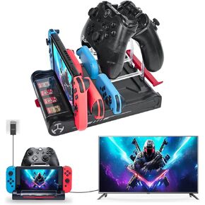 Switch TV Dock Station with Joycon Controller Charger for Switch/Switch OLED, Switch Charger Docking Station Support 4K/1080P HDMI, RGB Light & 3 USB Ports, Storage 8 Game Cards, Pro Controller