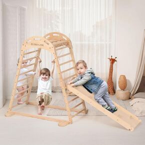 COSYLAND Indoor Playground Jungle Gym Playset for Kids,High Level Pre-Installed Wooden Climbing Set with Slide,Kids Indoor Climbing Set(Rainbow)