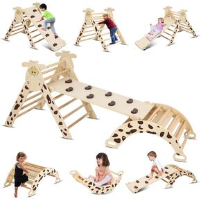 Pikler Triangle Set Natural Pikler Climbing Set, Montessori Foldable Climber with Tripods, Ramps, Arches, Climbing Jungle Gym and Indoor Playground Climbing Toys for Toddlers 1-3 Inside