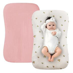 Muslin Baby Lounger Cover, 2 Pack 100% Cotton Soft and Breathable Infant Lounger Cover for Babies 0-24 Months, Removable Newborn Lounger Slipcover Replacement for Boys Girls (Olive Flower,Pink)
