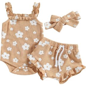 Emmababy Flower Outfit Baby Girl Ribbed Sleeveless Romper Ruffle Straps Bodysuit Floral Bloomers Shorts Infant Summer Clothes