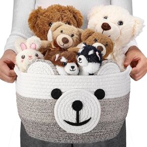 Zopeal Bear Basket for Nursery Cotton Rope Basket Hamper for Nursery Cute Storage Basket with Handles Decorative Woven Basket for Christmas Gift Laundry Bathroom Home, 13" D x 9.5" H, Beige and Brown