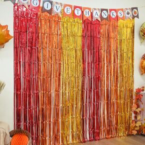 Mega-L Thanksgiving Decorations 2 Pack Red Orange Yellow Fall Decor 3.3 X 6.6 ft Metallic Foil Fringe Curtains, Autumn Harvest Photo Booth Props Backdrop Streamers Fall Party Supplies Background Decor