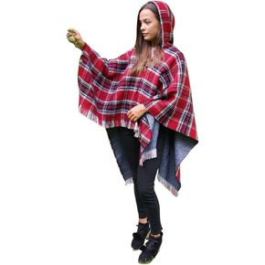 Tartan Design Hooded Poncho Soft Feel Warm Double Sided Traditional