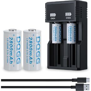 3.7 Volt 16340 Rechargeable Battery and Charger 2800mAh Battery 4Pcs Large Capacity Batteries for LED Flashlight, Headlamps, Cameras, Toys, etc