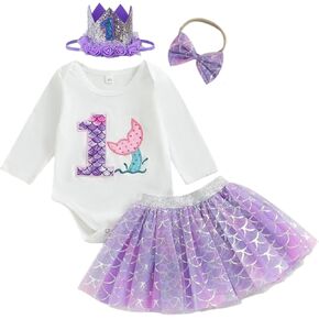 Baby Girls 1yr/2yr Birthday Dress Mermaid Cotton Bodysuit TuTu Skirt Set with Sequin Bow Headdress 3 Piece Set